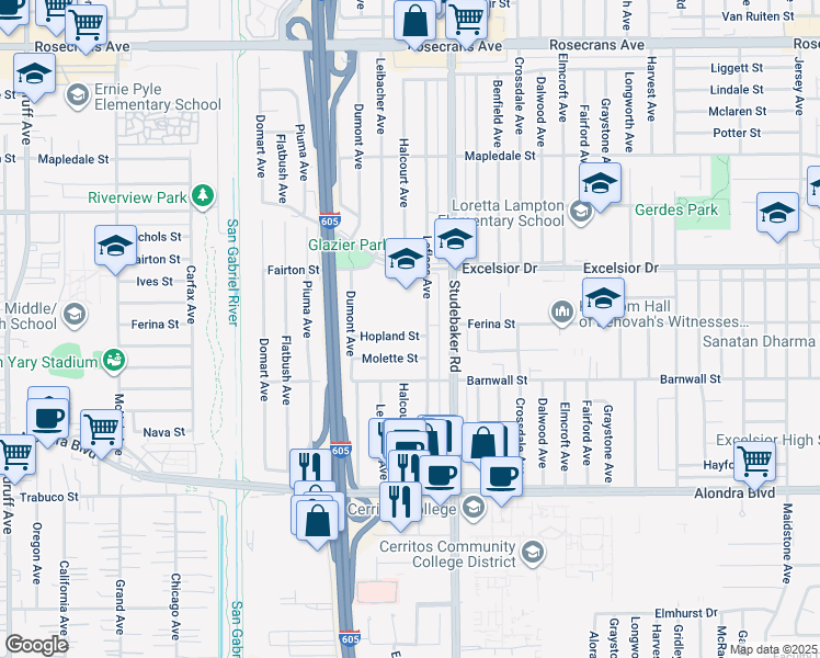 map of restaurants, bars, coffee shops, grocery stores, and more near 10923 Hopland Street in Norwalk