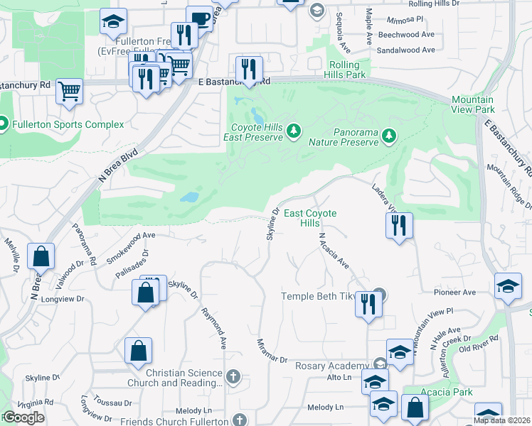 map of restaurants, bars, coffee shops, grocery stores, and more near 2309 Skyline Drive in Fullerton