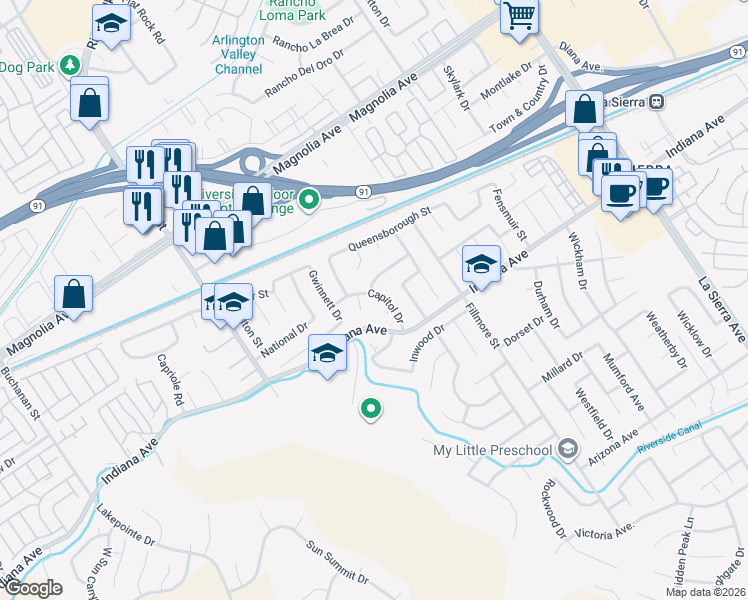 map of restaurants, bars, coffee shops, grocery stores, and more near 11636 Capitol Drive in Riverside