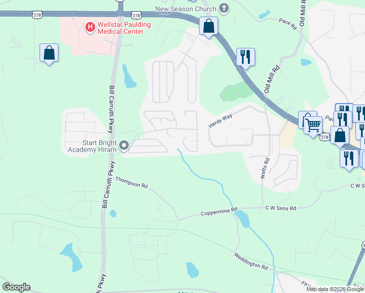 map of restaurants, bars, coffee shops, grocery stores, and more near 395 Rosemont Court in Hiram