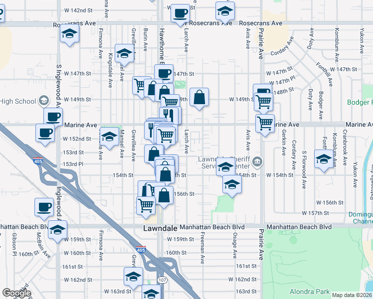 map of restaurants, bars, coffee shops, grocery stores, and more near 2 Larch Avenue in Lawndale