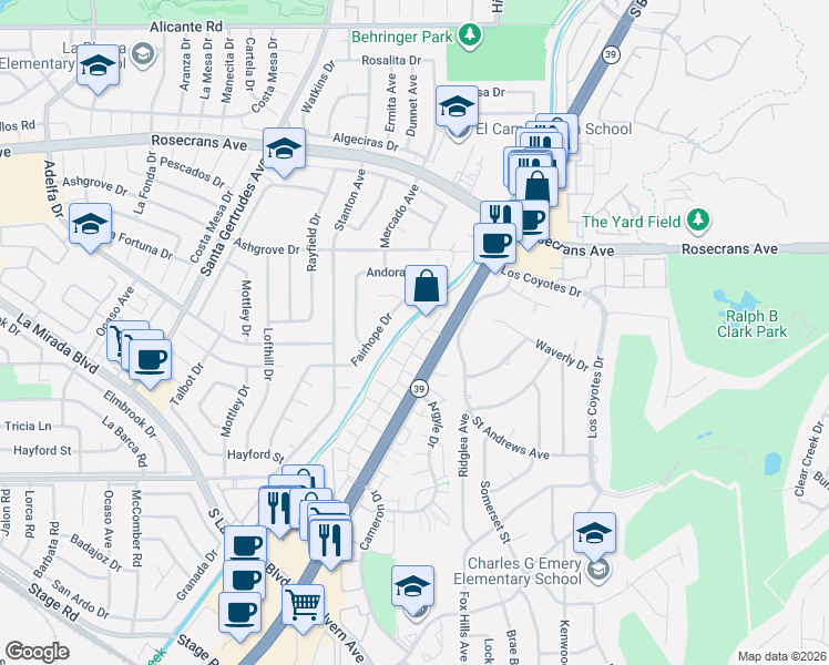map of restaurants, bars, coffee shops, grocery stores, and more near 4555 Toledo Way in Buena Park