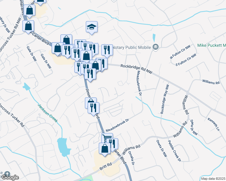 map of restaurants, bars, coffee shops, grocery stores, and more near 6035 WinterGreen Road Northwest in Norcross