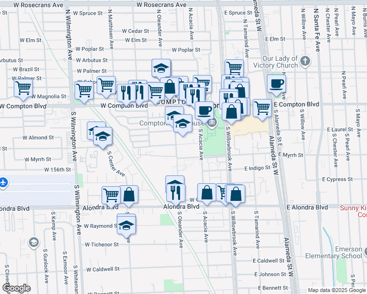 map of restaurants, bars, coffee shops, grocery stores, and more near 332 West Laurel Street in Compton