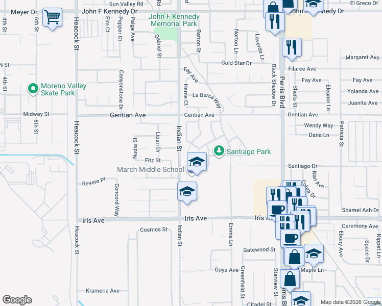 map of restaurants, bars, coffee shops, grocery stores, and more near Santiago Drive in Moreno Valley