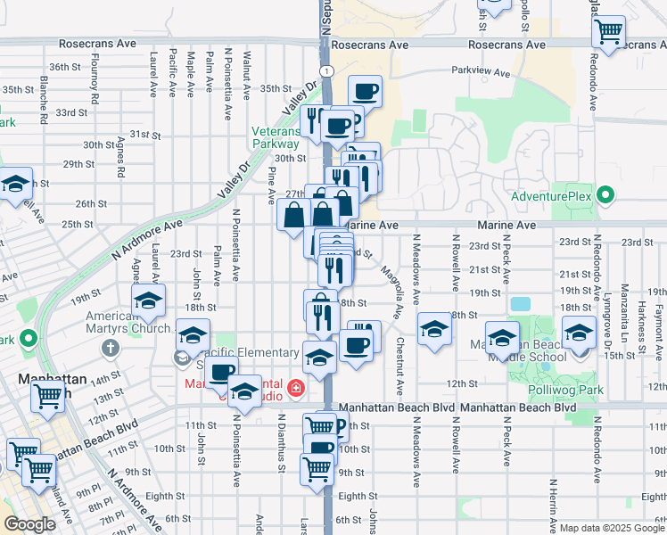 map of restaurants, bars, coffee shops, grocery stores, and more near 1904 Oak Avenue in Manhattan Beach