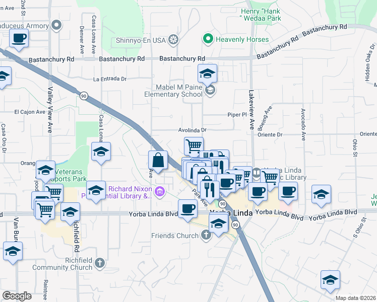 map of restaurants, bars, coffee shops, grocery stores, and more near 18181 Mandarin Lane in Yorba Linda