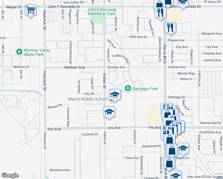 map of restaurants, bars, coffee shops, grocery stores, and more near Santiago Drive in Moreno Valley