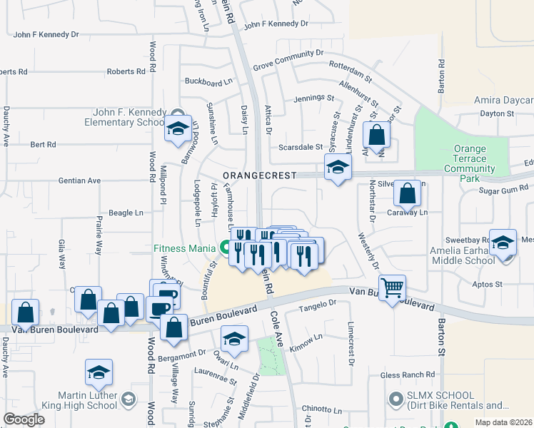 map of restaurants, bars, coffee shops, grocery stores, and more near 8728 Maroon Peak Way in Riverside