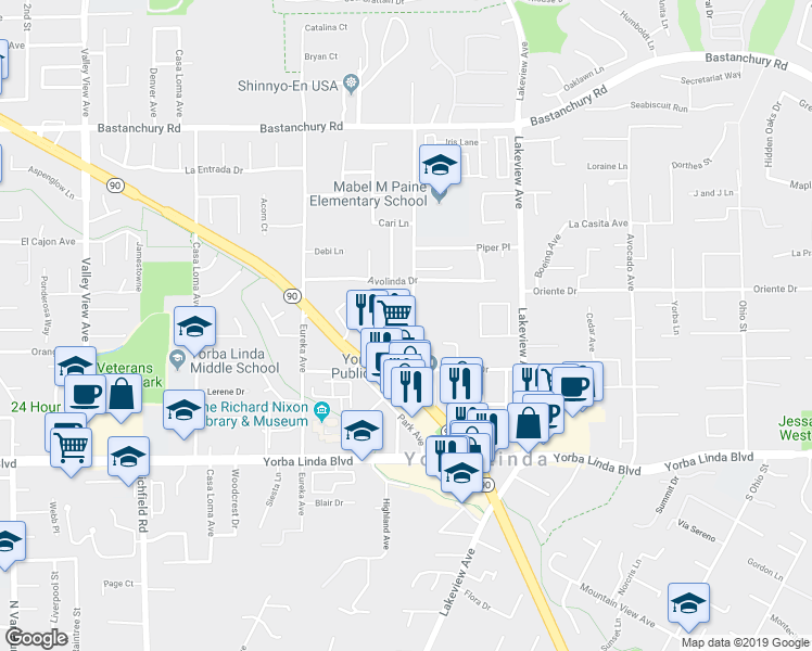 map of restaurants, bars, coffee shops, grocery stores, and more near 18242 Mandarin Lane in Yorba Linda