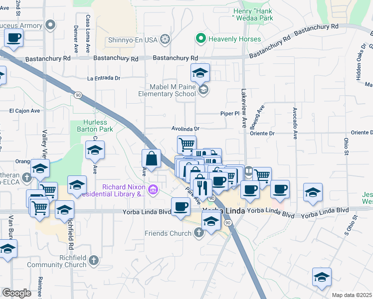 map of restaurants, bars, coffee shops, grocery stores, and more near 18242 Mandarin Lane in Yorba Linda