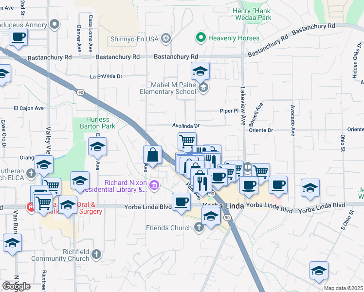 map of restaurants, bars, coffee shops, grocery stores, and more near 18152 Mandarin Lane in Yorba Linda