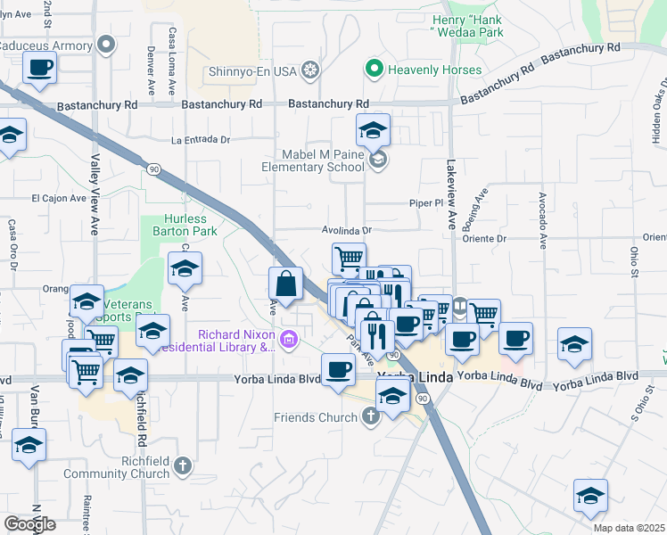 map of restaurants, bars, coffee shops, grocery stores, and more near 18152 Mandarin Lane in Yorba Linda