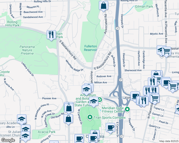 map of restaurants, bars, coffee shops, grocery stores, and more near 2134 Rockridge Court in Fullerton