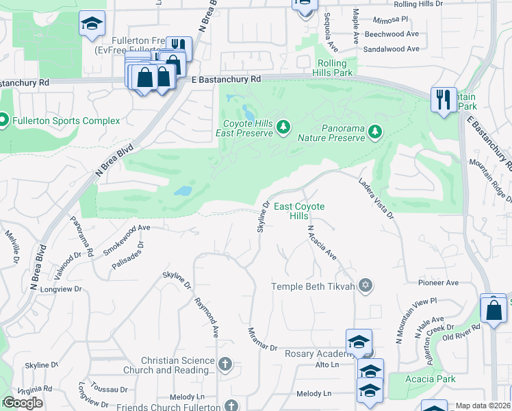 map of restaurants, bars, coffee shops, grocery stores, and more near 2309 Skyline Drive in Fullerton
