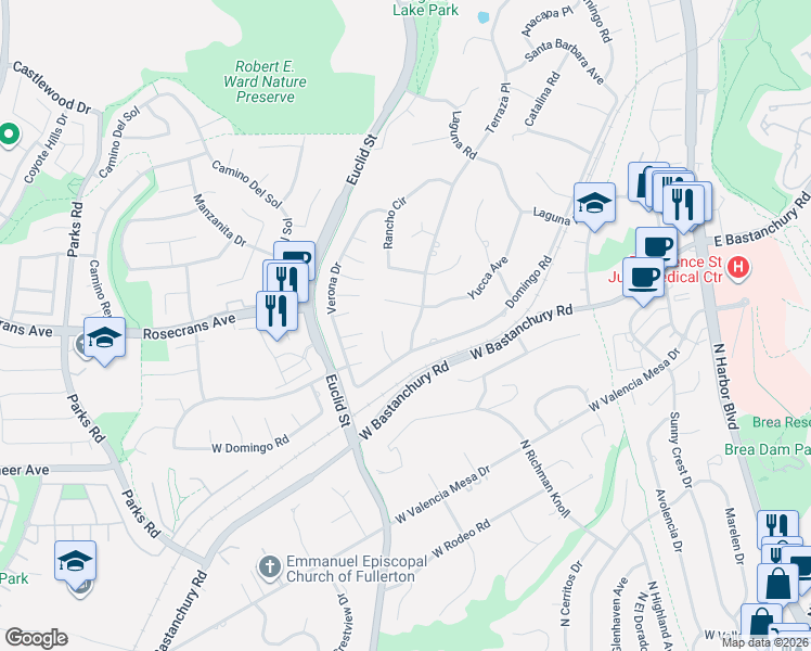 map of restaurants, bars, coffee shops, grocery stores, and more near 2011 Terraza Place in Fullerton