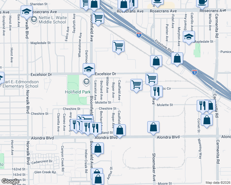 map of restaurants, bars, coffee shops, grocery stores, and more near 15309 Caulfield Avenue in Norwalk