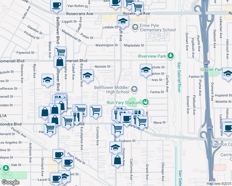 map of restaurants, bars, coffee shops, grocery stores, and more near 15524 Woodruff Avenue in Bellflower