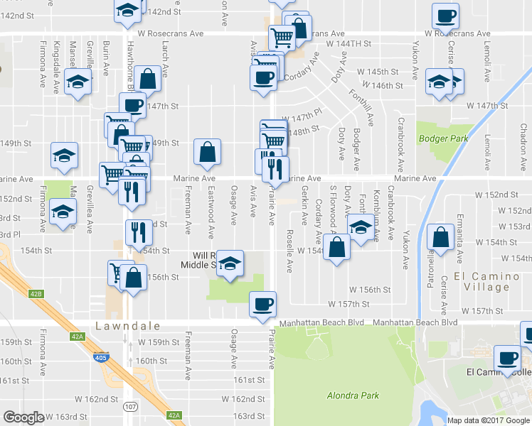map of restaurants, bars, coffee shops, grocery stores, and more near 15235 Prairie Avenue in Lawndale