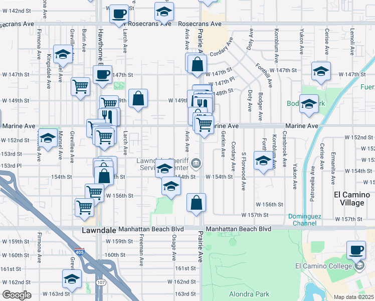 map of restaurants, bars, coffee shops, grocery stores, and more near 15236 Osage Avenue in Lawndale