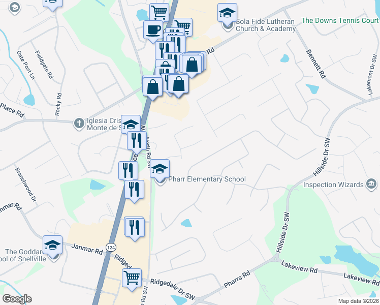 map of restaurants, bars, coffee shops, grocery stores, and more near 1550 Willow Creek Court in Snellville