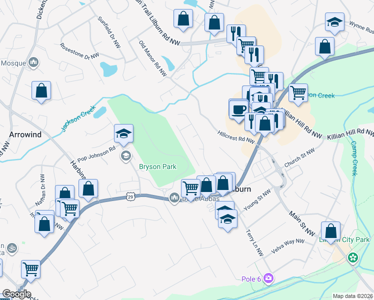 map of restaurants, bars, coffee shops, grocery stores, and more near 398 Berckman Drive Northwest in Lilburn