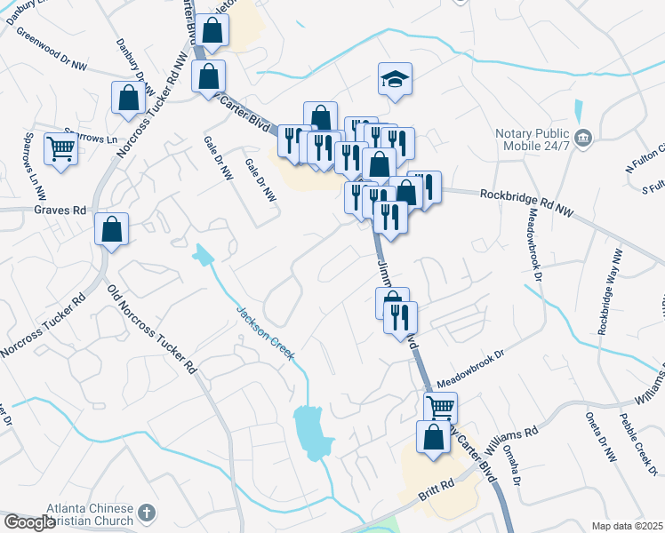 map of restaurants, bars, coffee shops, grocery stores, and more near 6595 Story Circle in Norcross
