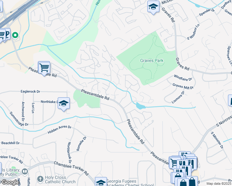 map of restaurants, bars, coffee shops, grocery stores, and more near 3470 Meadow Village Lane in Atlanta