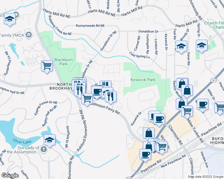 map of restaurants, bars, coffee shops, grocery stores, and more near 3633 Brookleigh Lane Northeast in Brookhaven