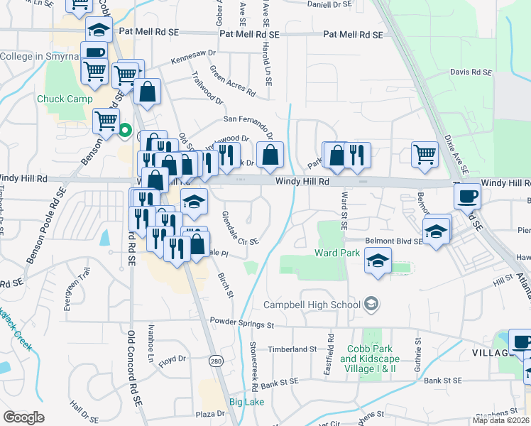 map of restaurants, bars, coffee shops, grocery stores, and more near 2481 Pasadena Place in Smyrna