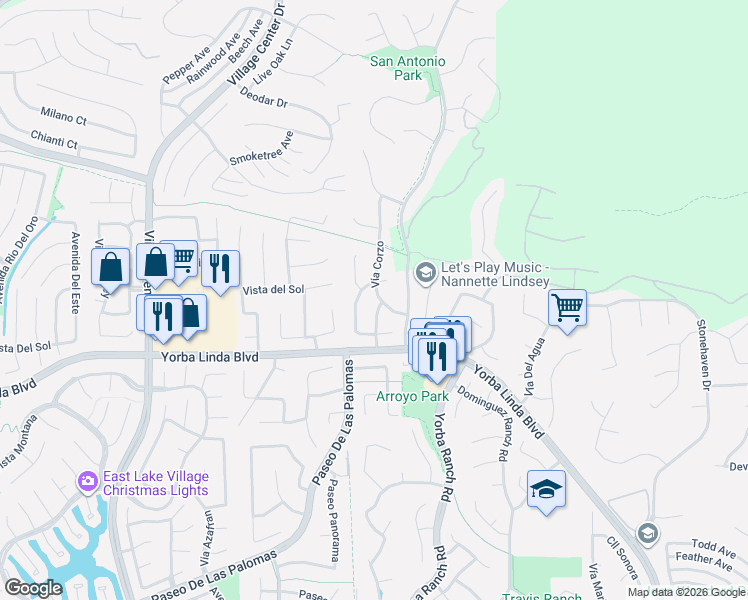 map of restaurants, bars, coffee shops, grocery stores, and more near 4845 Vía Corzo in Yorba Linda