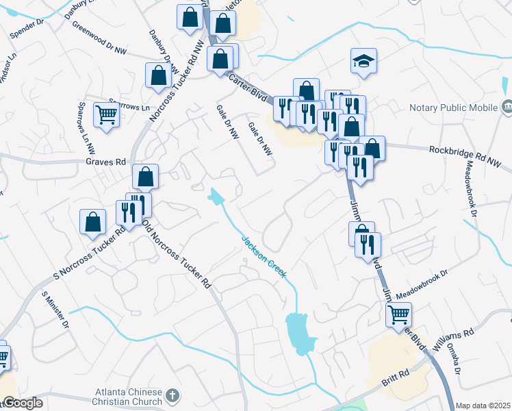 map of restaurants, bars, coffee shops, grocery stores, and more near 6338 Delnorte Court Northwest in Norcross