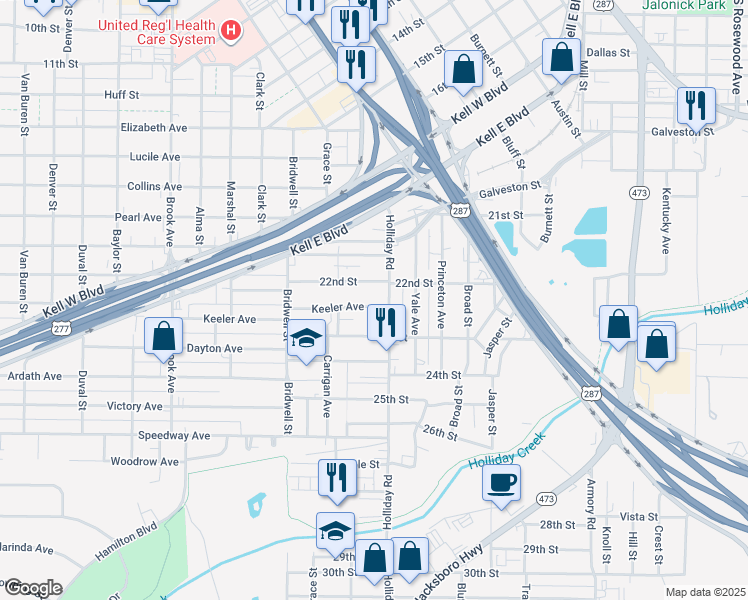 map of restaurants, bars, coffee shops, grocery stores, and more near 2212 Holliday Road in Wichita Falls