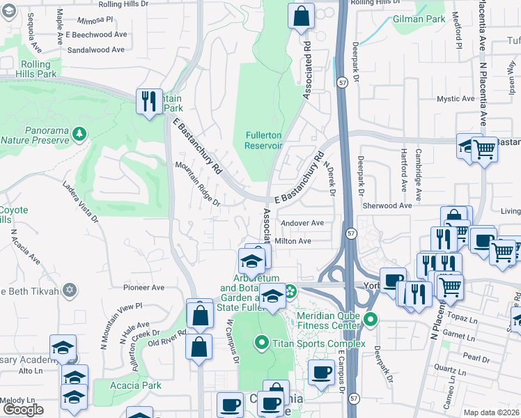 map of restaurants, bars, coffee shops, grocery stores, and more near 2134 Rockridge Court in Fullerton