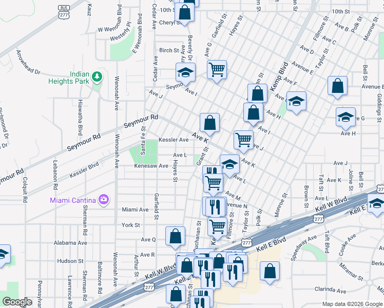 map of restaurants, bars, coffee shops, grocery stores, and more near 2200 Grant Street in Wichita Falls