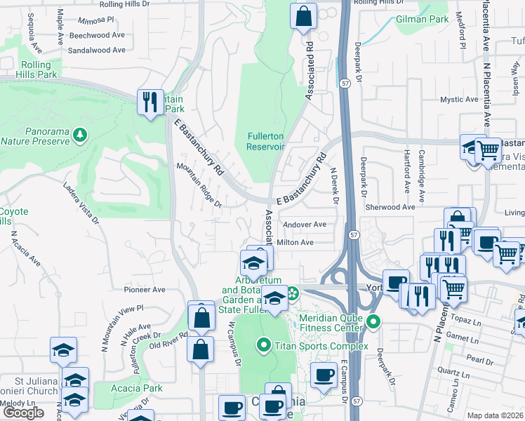 map of restaurants, bars, coffee shops, grocery stores, and more near in Fullerton