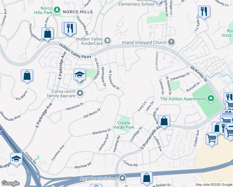 map of restaurants, bars, coffee shops, grocery stores, and more near 1591 Del Norte Drive in Corona