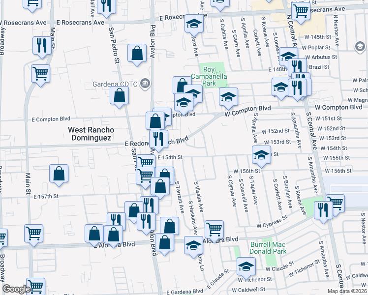 map of restaurants, bars, coffee shops, grocery stores, and more near 713 East 154th Street in Compton
