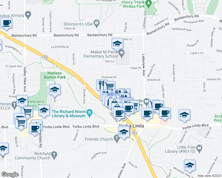 map of restaurants, bars, coffee shops, grocery stores, and more near 18221 Mandarin Lane in Yorba Linda