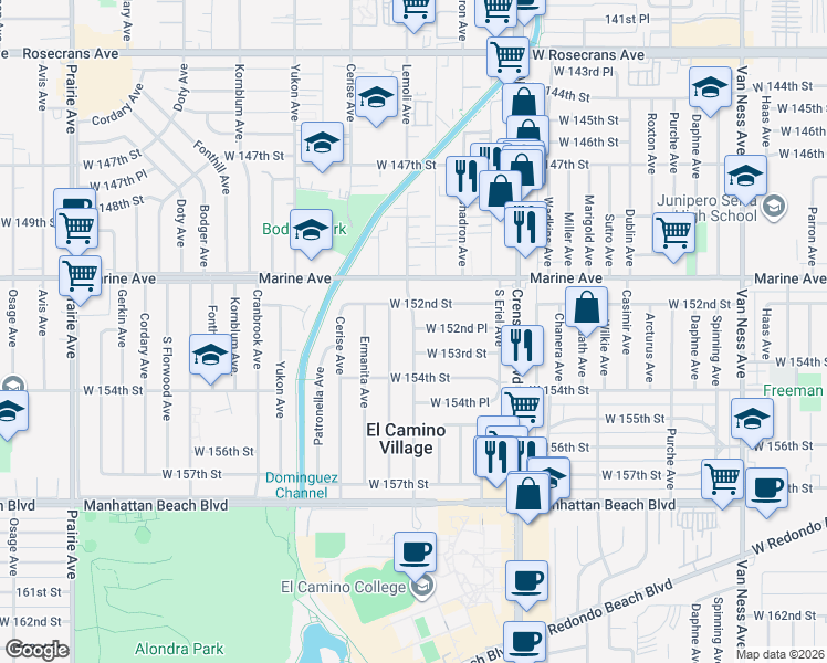 map of restaurants, bars, coffee shops, grocery stores, and more near Lemoli Avenue in Gardena
