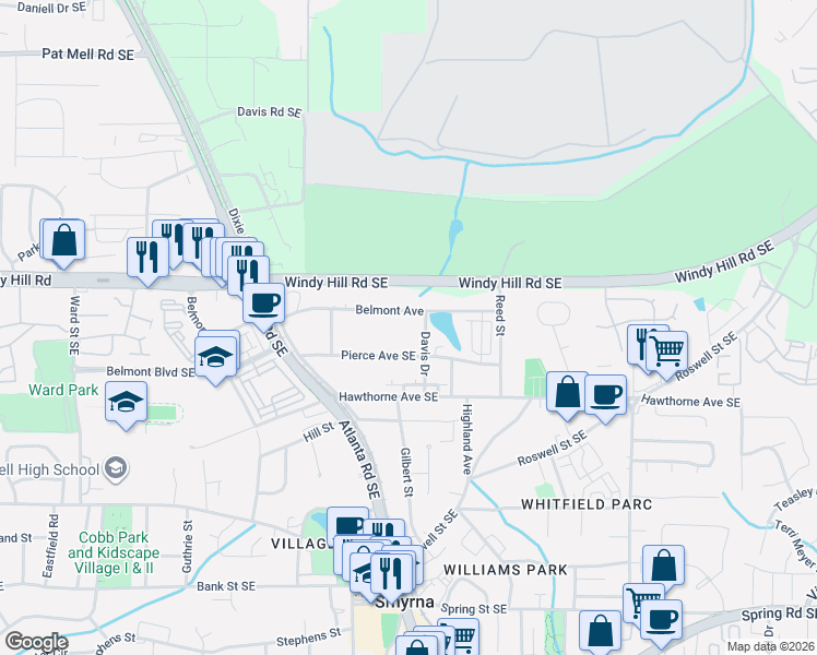 map of restaurants, bars, coffee shops, grocery stores, and more near 1331 Pierce Avenue Southeast in Smyrna