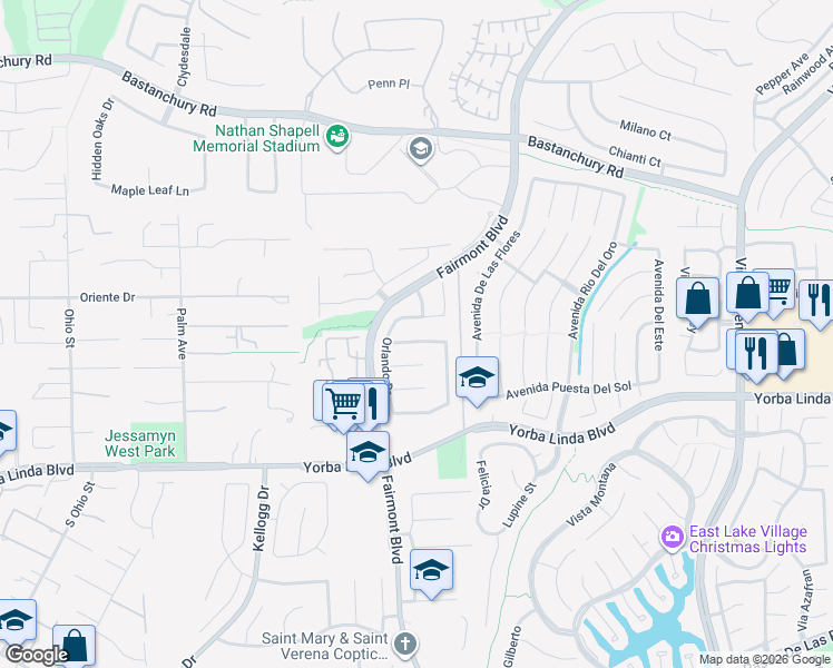 map of restaurants, bars, coffee shops, grocery stores, and more near 19811 Sienna Lane in Yorba Linda