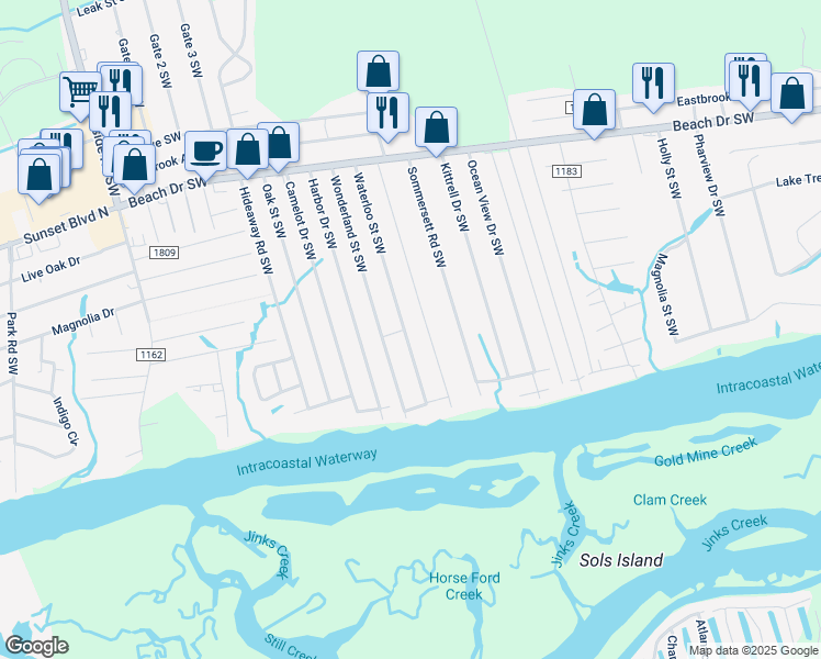 map of restaurants, bars, coffee shops, grocery stores, and more near 1981 Waterloo Street Southwest in Ocean Isle Beach