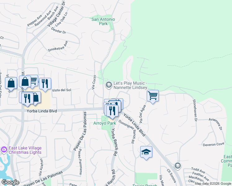 map of restaurants, bars, coffee shops, grocery stores, and more near 21135 Felipa Road in Yorba Linda