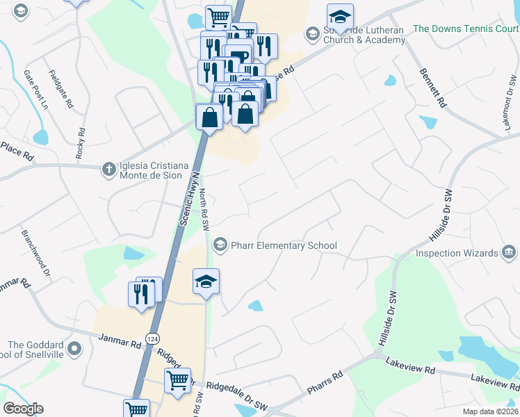 map of restaurants, bars, coffee shops, grocery stores, and more near 1550 Willow Creek Court in Snellville