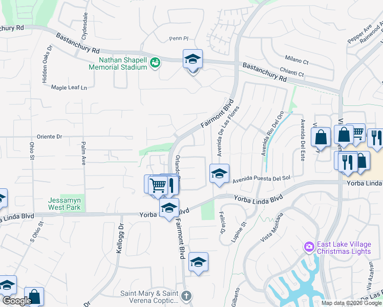 map of restaurants, bars, coffee shops, grocery stores, and more near 19811 Sienna Lane in Yorba Linda