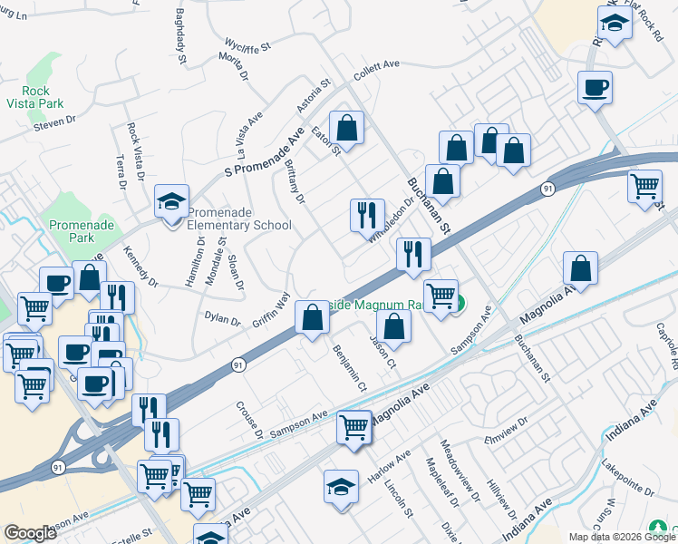 map of restaurants, bars, coffee shops, grocery stores, and more near 390 Vía Lugano in Corona