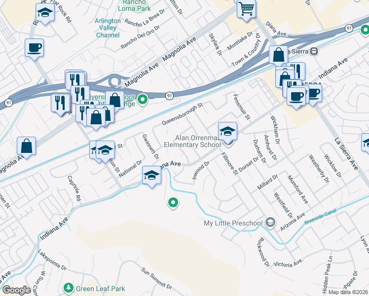 map of restaurants, bars, coffee shops, grocery stores, and more near 11627 Capitol Drive in Riverside