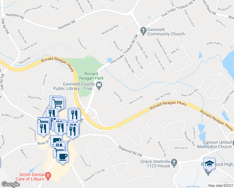 map of restaurants, bars, coffee shops, grocery stores, and more near 799 Anna Court Southwest in Lawrenceville