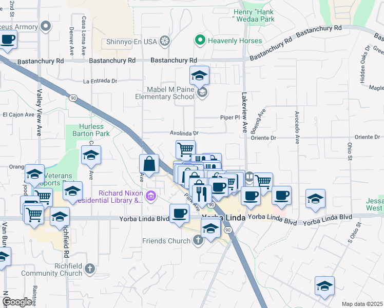 map of restaurants, bars, coffee shops, grocery stores, and more near 18241 Mandarin Lane in Yorba Linda